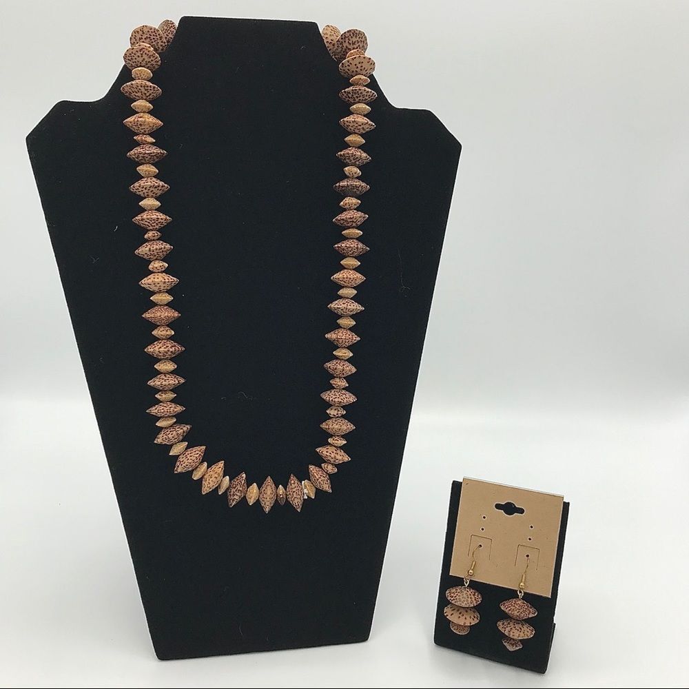 Wood Disc Beads Necklace & Earring Set Wooden Tropical